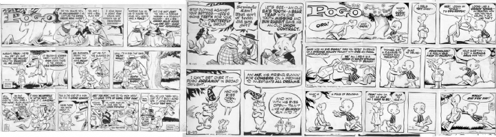 WALT KELLY Pogo - Sunday with Orphan Annie and Dick Tracy parody, sunday in Camp Siberia, two dailies 1957 and 1958
